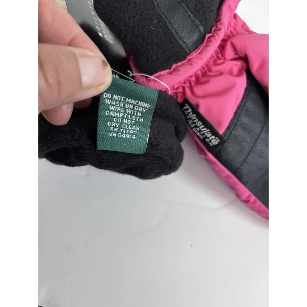 LL BEAN Mitten Gloves Primaloft Insulated Lined Kids L  NEW Pink/Black